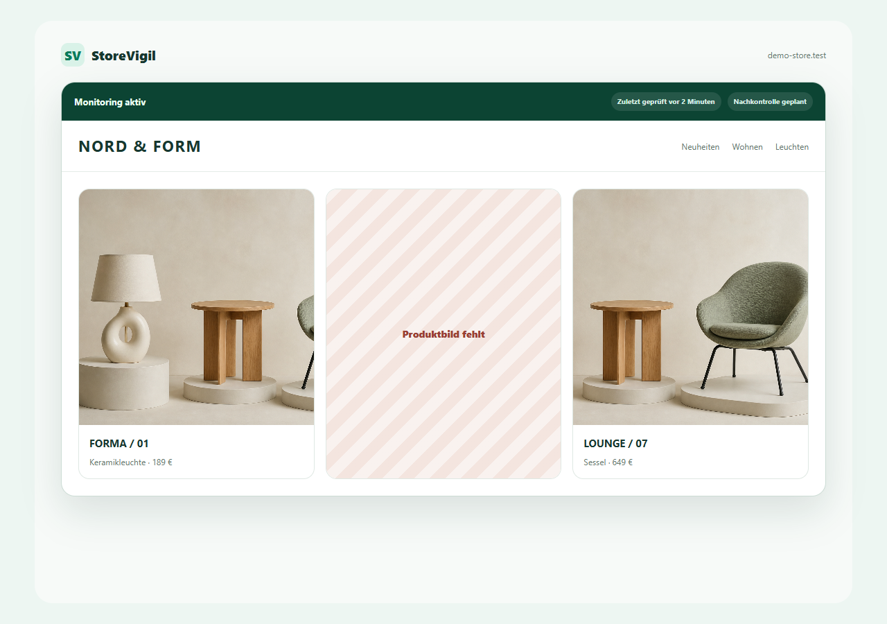 NORD & FORM Shopseite mit drei Wohnprodukten, einem fehlenden Bild und aktiver StoreVigil-Nachkontrolle