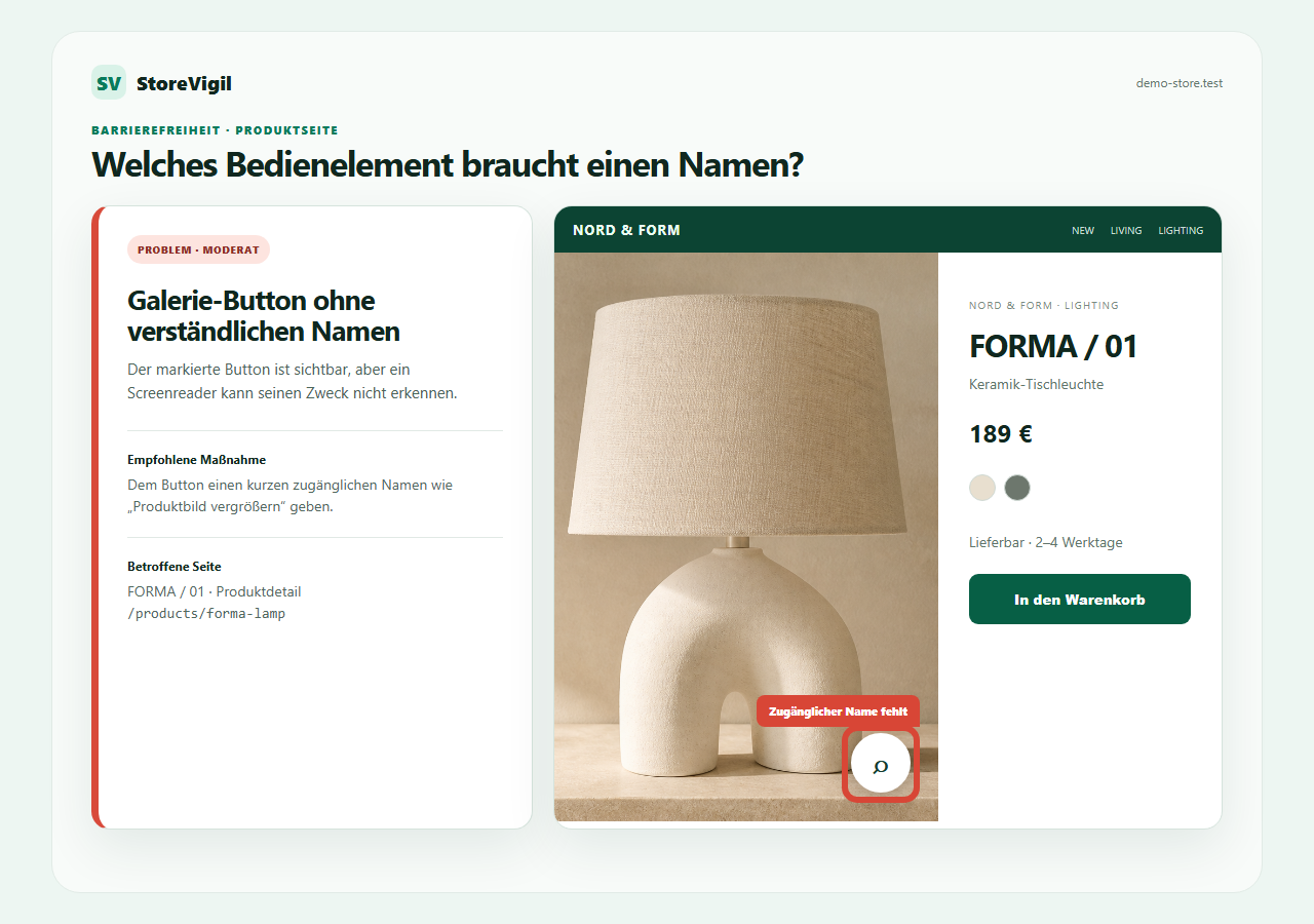 StoreVigil markiert einen namenlosen Galerie-Button direkt auf der Produktdetailseite einer Keramikleuchte
