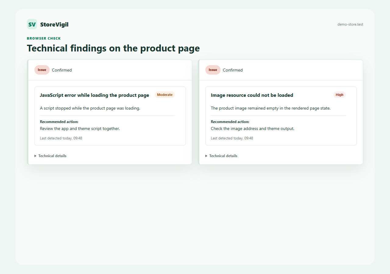 Two real StoreVigil finding cards for a JavaScript error and an image resource that could not be loaded